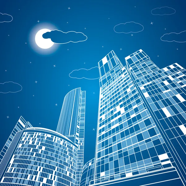 Ciudad de neón, vector líneas town, ciudad de la noche — Vector de stock