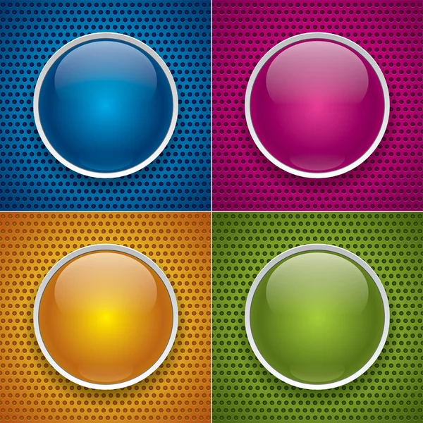 Čtyři lesklá tlačítka pro děravý texturu. modrá, růžová, oranžová a zelená — Stockový vektor