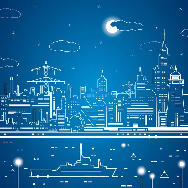 Vector city of white lines, neon line town, ship on the water — Stock Vector