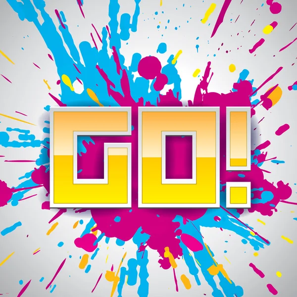 GO! vector paint explosion, pink, blue and yellow drops — Stock Vector