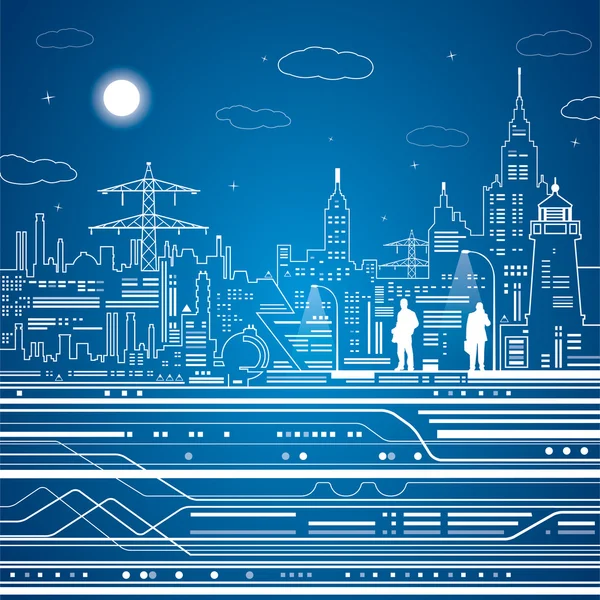 Ilustración de la infraestructura, ciudad de la noche, mosca del avión, movimiento del tren, escena urbana, líneas blancas sobre fondo azul, arte del diseño del vector — Vector de stock
