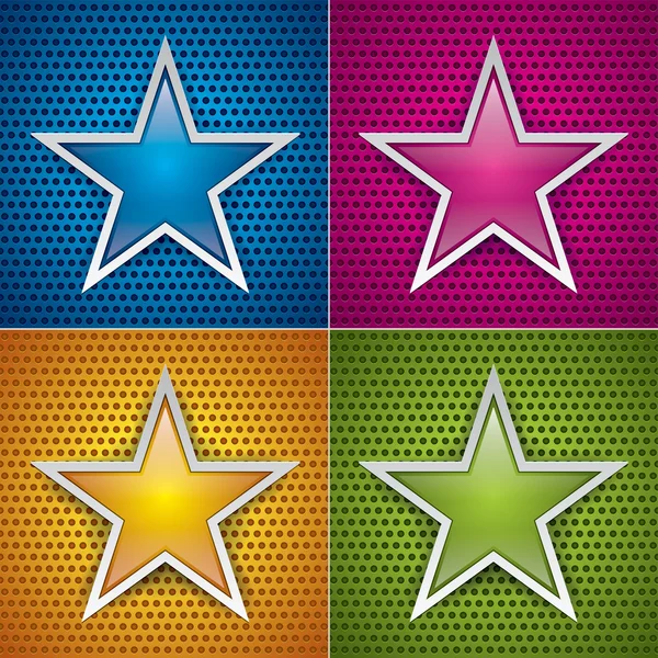 Quatro estrelas brilhantes para textura holey. Azul, rosa, laranja e verde. Conjunto de vetores fundo — Vetor de Stock