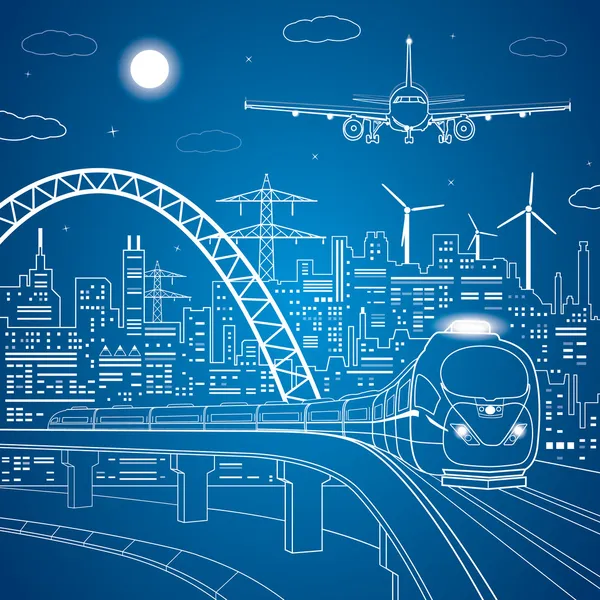 Vector lines train on the bridge, train on the background of the light city and plane comes in to land — Stock Vector