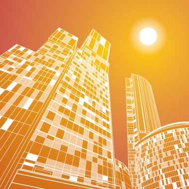 iş şehir, vektör satırları business center, gün batımında gökdelenler