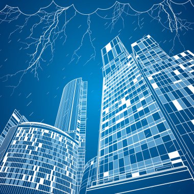 Neon şehir, vektör şehir hatları. gece şehir. infarstructute. Fırtına ve yağmur