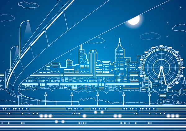 Líneas vectoriales ciudad, puente vectorial y puente de transporte, ciudad energética, diseño de vectores de infraestructura — Vector de stock