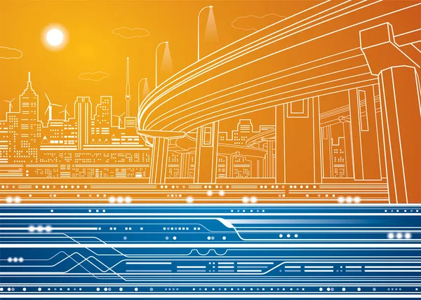 Ciudad nocturna, ciudad vectorial, líneas vectoriales paso elevado, puente, metro, tren, diseño vectorial — Archivo Imágenes Vectoriales