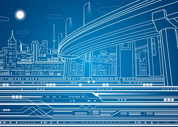 Ciudad vectorial, líneas vectoriales paso elevado, puente, metro, tren, diseño de vectores — Archivo Imágenes Vectoriales