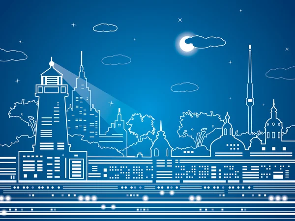 Ciudad vectorial, líneas blancas, ciudad de línea de neón, jardín, diseño de vectores — Vector de stock