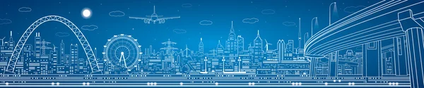 Vektör endüstriyel panorama, vektör teknolojisi peyzaj, gece şehir hatları.