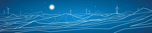 Vector ecología panorama, montañas paisaje, molinos de viento — Vector de stock