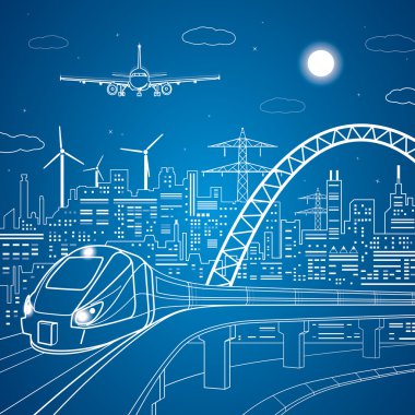 vektör hatları tren köprüsü üzerinde ışık şehrin arka plan üzerinde tren ve uçak iniş için vektör sanat gelir