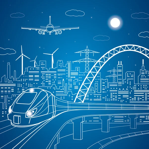 Vector lijnen trein op de brug, trainen op de achtergrond van de lichte stad en vliegtuig komt in het land, vector kunst — Stockvector