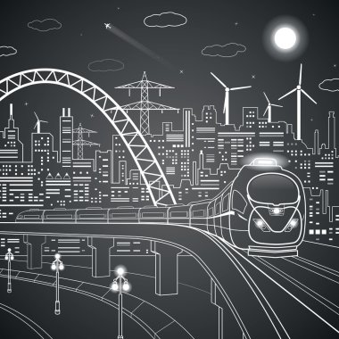 vektör hatları tren köprüsü üzerinde ışık şehrin arka plan üzerinde tren ve uçak iniş için vektör sanat gelir