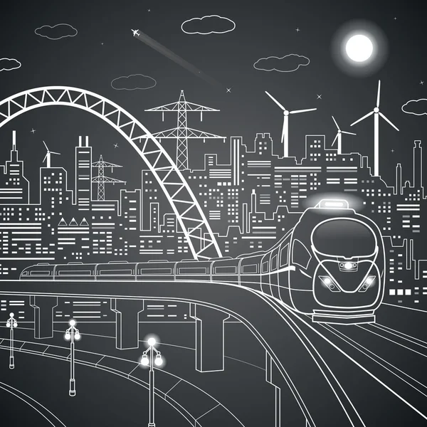 Vektorlinien Zug auf der Brücke, Zug auf dem Hintergrund der hellen Stadt und Flugzeug kommt zur Landung, Vektorkunst Stockillustration