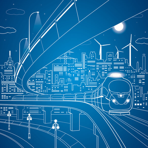 Векторные линии поезда на мосту, фоновый ночной город
