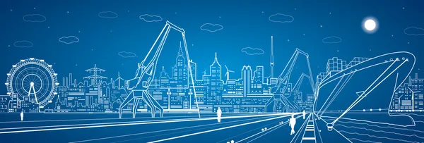 Vector industrial cargo port panorama, vector lines landscape, night city, ship on the water — Stock Vector
