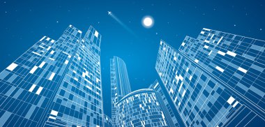 Airplane flying. Business building on background, neon city, vector design panorama