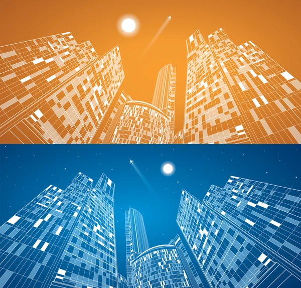Letadlo letí. kancelářské budovy na pozadí, neon city, vektorový design panorama — Stockový vektor