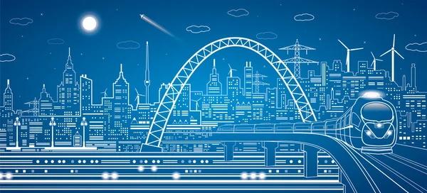 Las líneas vectoriales se entrenan en el puente, se entrenan en el fondo de la ciudad ligera y vuelan en avión, panorama de infraestructura vectorial — Vector de stock