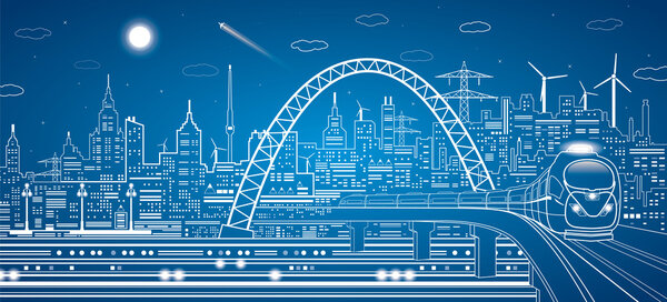 Vector lines train on the bridge, train on the background of the light city and plane fly, vector infrastructure panorama