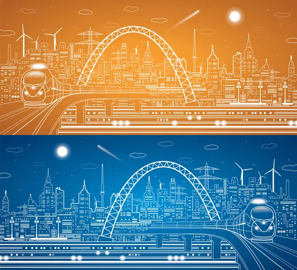 Vektorlinien Zug auf der Brücke, Zug auf dem Hintergrund der leichten Stadt und Flugzeug fliegen, Vektor-Infrastruktur-Panorama Stockillustration