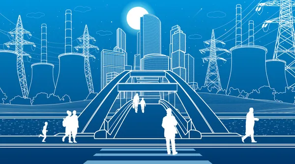 Esquisse Paysage Urbain Pont Piétonnier Sur Rivière Lignes Électriques Nuit — Image vectorielle