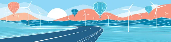 Colorido Paisaje Montaña Brillante Ilustración Los Globos Están Sobrevolando Autopista — Vector de stock