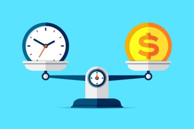 Vakit nakittir. Simgeyi düz ölçeklendirir. Terazi sembolü, denge işareti. Zaman yönetimi. Dolar ve saat simgeleri. Renk arkaplanı üzerine iş projeleriniz için vektör tasarım unsurları