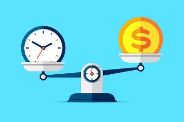 Vakit nakittir. Simgeyi düz ölçeklendirir. Terazi sembolü, denge işareti. Zaman yönetimi. Dolar ve saat simgeleri. Renk arkaplanı üzerine iş projeleriniz için vektör tasarım unsurları