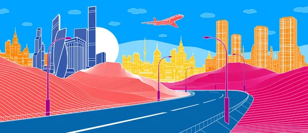 Красочная Инфраструктурная Иллюстрация Шоссе Горах Современный Город Цветном Фоне Башня — стоковый вектор