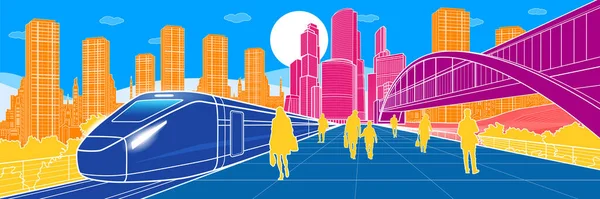 Ilustración Colorida Infraestructura Transporte Gente Que Espera Tren Estación Tren — Vector de stock