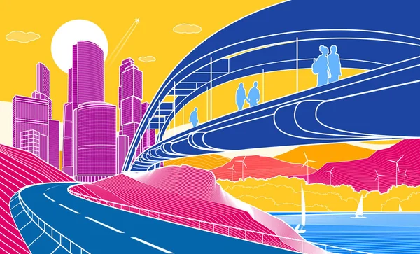 Infraestrutura Cidade Industrial Cityscape Ilustração Colorida Pessoas Atravessam Ponte Rio — Vetor de Stock