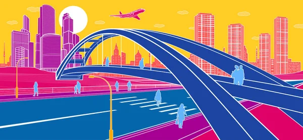 Colorida Ilustración Ciudad Infraestructura Puente Peatonal Sobre Autopista Gente Caminando — Vector de stock