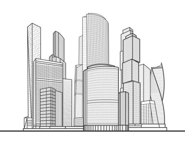 Modern kasaba. Şehir kompleksi. İş merkezi. Altyapı, resimle özetliyor. Beyaz arka planda siyah çizgiler. Vektör tasarım sanatı 