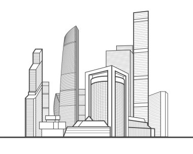Modern kasaba. Şehir kompleksi. İş merkezi. Altyapı, resimle özetliyor. Beyaz arka planda siyah çizgiler. Vektör tasarım sanatı 