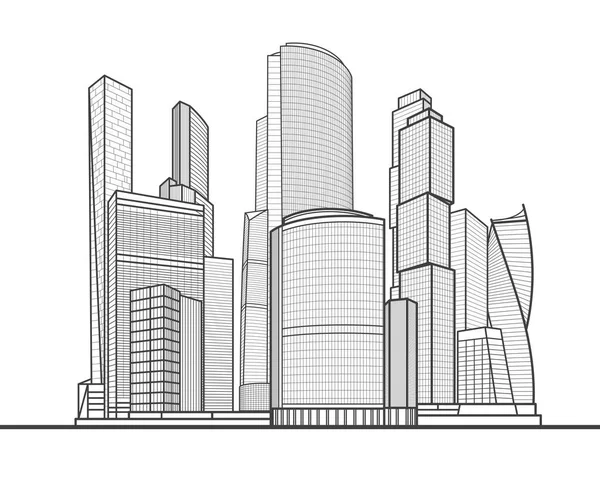 Ciudad Moderna Complejo Urbano Centro Negocios Infraestructura Esboza Ilustración Líneas — Vector de stock