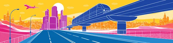 Colorful Infrastructure Town Illustration Large Highway Train Rides Bridge Modern — стоковый вектор
