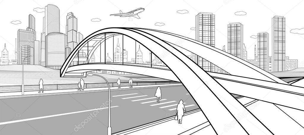 Infrastructure city illustration. Pedestrian bridge over the highway. People walking on street. Modern town, urban scene. Black lines on white background. Vector design art 
