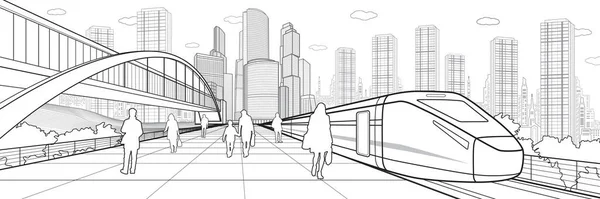 Panorama Infraestrutura Transporte Pessoas Esperando Por Trem Estação Ferroviária Movimento —  Vetores de Stock