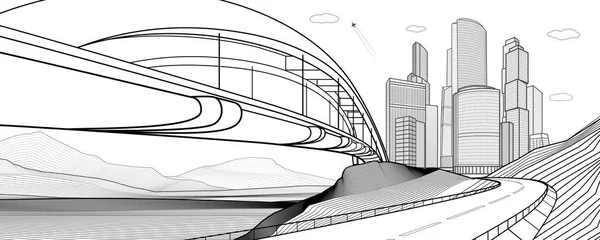 City Infrastructure Industrial Cityscape Illustration Bridge River Automobile Road Mountains — 스톡 벡터