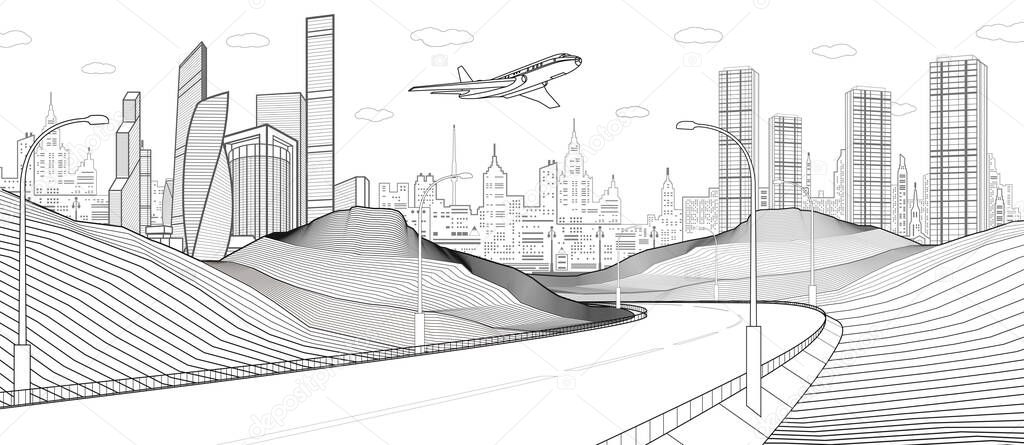 Black and white Infrastructure illustration. Highway in mountains. Modern city at background, tower and skyscrapers, business building. Vector design outlines art