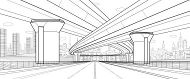 City architecture and infrastructure illustration, automotive overpass, big bridges, urban scene. Black outlines on white background. Vector design art