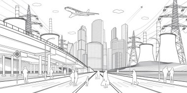 Geniş yol. Modern gece kasabası. Şehir enerji sistemi. Araba üst geçidi. Sokakta yürüyen insanlar. Altyapı kentsel illüstrasyon. Beyaz arka planda siyah çizgiler. Vektör tasarım sanatı 