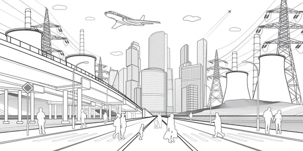 고속도 현대의 도시의 에너지 시스템 나간다 거리를 사람들 도시의 묘사를 — 스톡 벡터