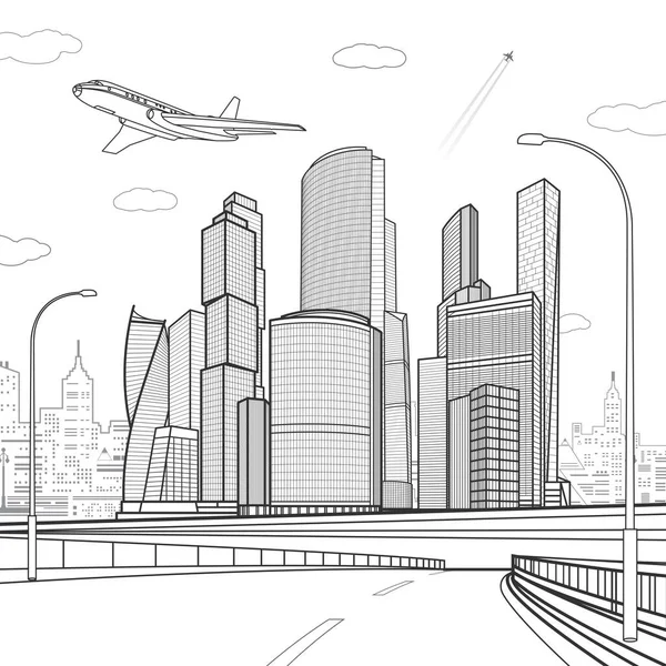 Široké Osvětlení Moderní Město Přejezd Auta Černé Obrysy Infrastruktura Ilustrace — Stockový vektor
