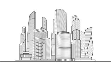 Modern kasaba. Şehir kompleksi. İş merkezi. Altyapı, resimle özetliyor. Beyaz arka planda siyah çizgiler. Vektör tasarım sanatı 