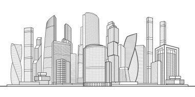 Modern kasaba. Şehir kompleksi. İş merkezi. Altyapı, resimle özetliyor. Beyaz arka planda siyah çizgiler. Vektör tasarım sanatı 