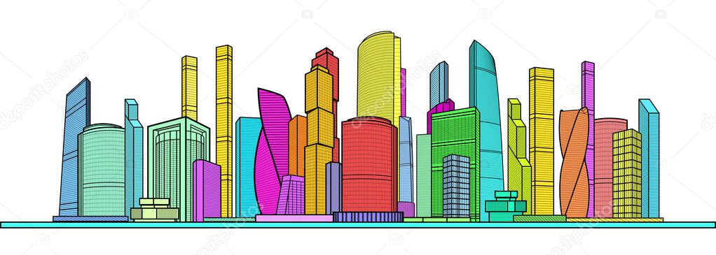 Modern colorful city. Urban town complex. Business center. Citycape futuristic pamorama. Infrastructure skyline outlines illustration. Vector design art