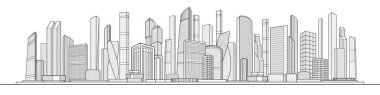 Modern kasaba. Şehir kompleksi. İş merkezi. Citycape pamorama. Altyapı, resimle özetliyor. Beyaz arka planda siyah çizgiler. Vektör tasarım sanatı